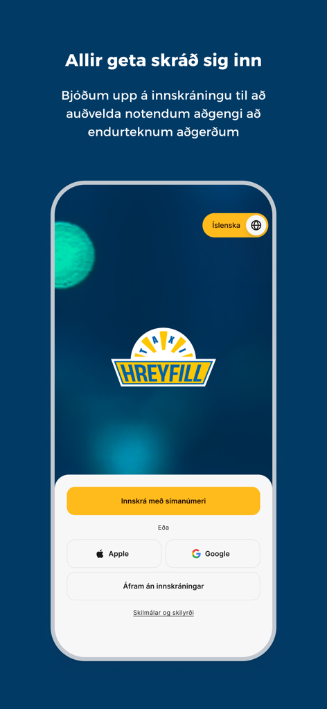 Hreyfill taxi app login screen with sign in options for phone Apple and Google