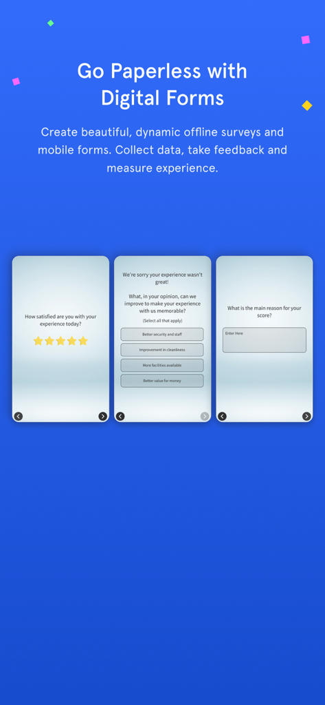 Zonka Feedback-Surveys, Kiosk - Zonka Feedback app screens showing digital surveys and customer satisfaction forms