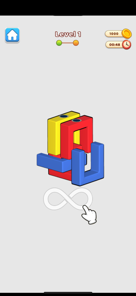 Puzzle de lógica 3D apresentando blocos em forma de U entrelaçados em vermelho, amarelo e azul