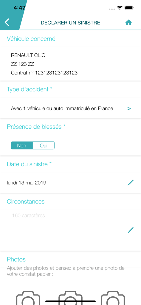 Mes Assurances - Mobile app screen for reporting a car insurance claim with sections for vehicle details and accident description