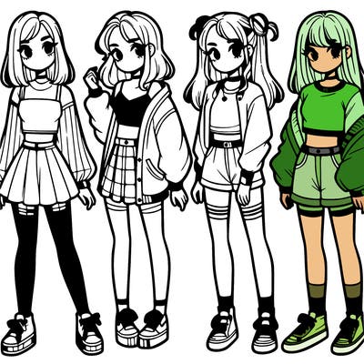 one girl with crop-top shirt and a jacket with a skirt, long socks and another girl with a shirt and pants with a jacket