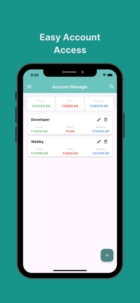 Day-to-day Expenses - Panel del gestor de cuentas en la aplicación Gastos Diarios que muestra el saldo total de crédito y débito para diferentes categorías