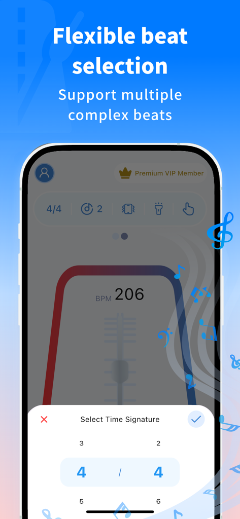 Smart Metronome - Tempo&Tuner - Smartphone interface showing the flexible beat and time signature selection in the Smart Metronome app