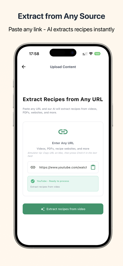 Clove Cook - Recipe Organizer - Clove Cook app screen showing AI recipe extraction from a YouTube link