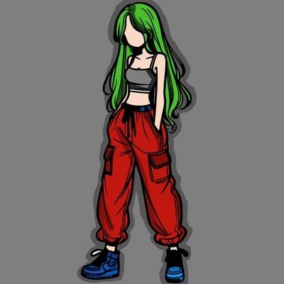girl in baggy pants crop top and long hair