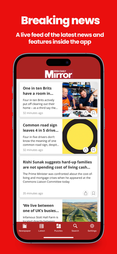 L'application mobile Irish Mirror Newspaper montrant la section des dernières nouvelles avec les principaux titres.