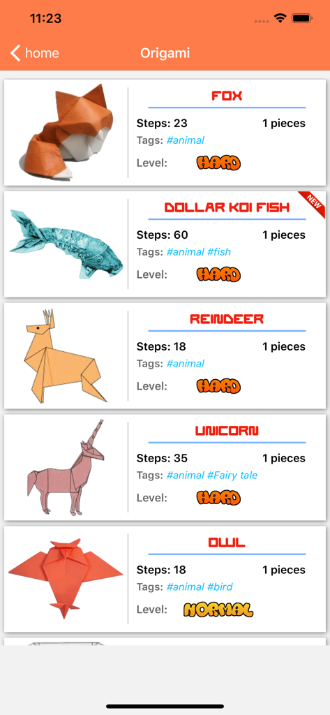 Interfaz de la app Origami Fun mostrando una lista de plantillas de doblado como zorro y unicornio con niveles de dificultad
