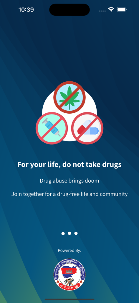 NoDrug - Pantalla de inicio de la aplicación NoDrug con símbolos de prevención de drogas y un mensaje sobre vivir una vida libre de drogas