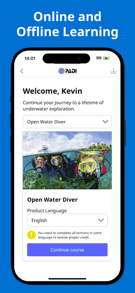 PADI mobile app interface showing the online and offline learning dashboard for an Open Water Diver course