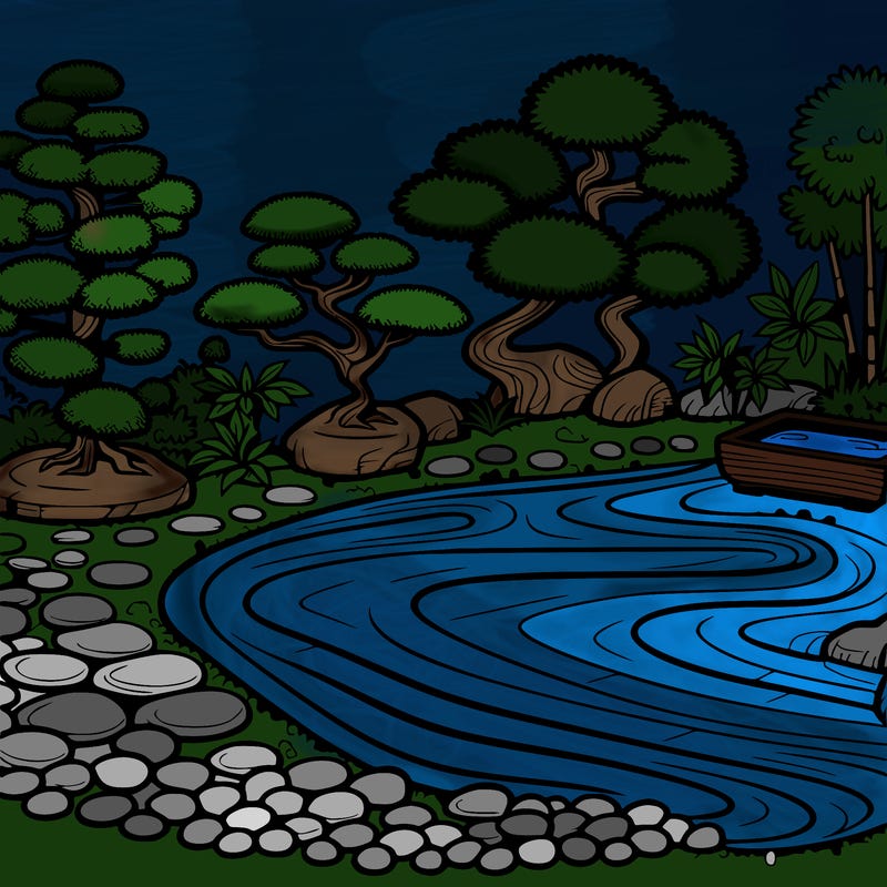 a serene zen garden with raked gravel, bonsai trees, and tranquil ponds