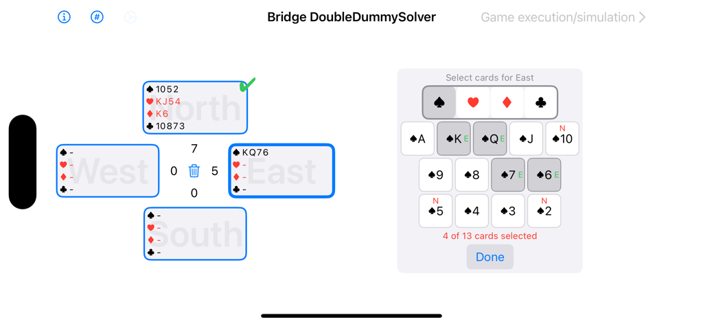 Pantalla de la aplicación BridgeDDS para seleccionar manualmente las cartas para cada posición del jugador en una mano de bridge.