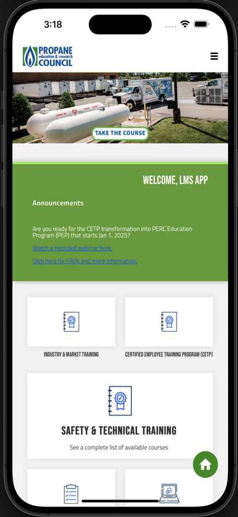 Home screen of the PERC App featuring propane industry safety and technical training categories