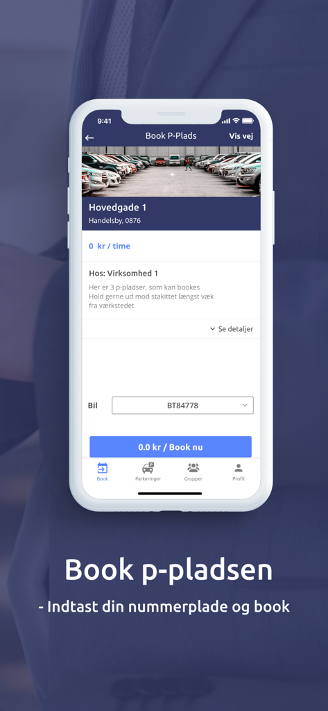 Visitors - Interfaz de la aplicación Visitantes mostrando los pasos para reservar un lugar de estacionamiento, incluida la entrada de la matrícula