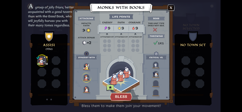 Becoming Saint - Interface showing the Monks with Books unit stats and special abilities in Becoming Saint