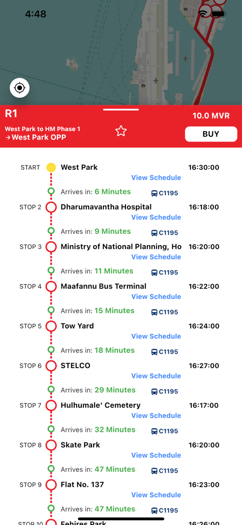 RTL Travel App - Écran de l'application mobile montrant un horaire de ligne de bus avec des heures d'arrivée en temps réel et une option de réservation de billet aux Maldives