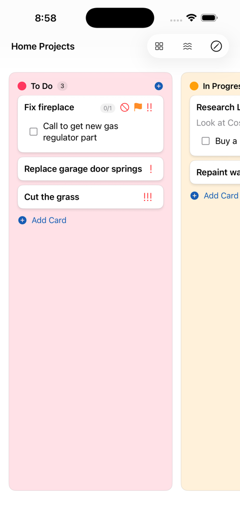 My Task Board - To Do Tracker - iPhone-Screenshot einer pinken Kanban-Spalte mit Aufgaben für Heimprojekte mit Checklisten und Prioritäts-Icons