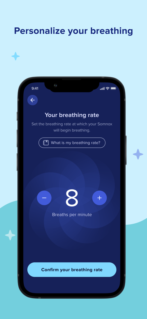 Somnox: Breathe, Relax, Sleep - A mobile interface from the Somnox app showing the option to personalize the breathing rate for the sleep robot.