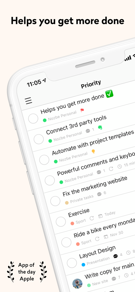 Nozbe Classic - Nozbe Classic app interface showing a priority list of tasks and projects on an iPhone screen