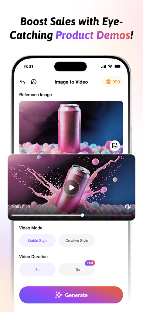 SellerPic - 静止した製品画像（ピンクの缶）をアニメーションのスプラッシュビデオに変換するAIを示すSellerPicアプリのインターフェイス。