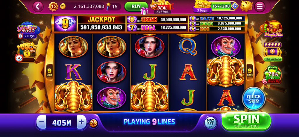 A vibrant gameplay screen from DoubleU Casino showing a slot machine with golden elephant symbols and a massive jackpot counter