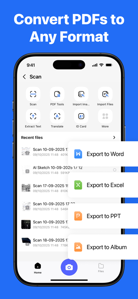 Un smartphone affichant l'interface de l'application TeraBox pour la numérisation IA et la conversion PDF avec des options d'exportation vers Word, Excel et PowerPoint