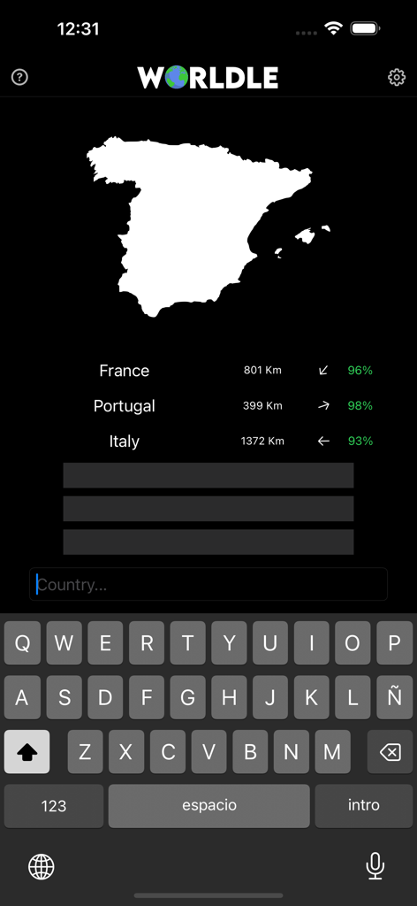 A mobile screenshot of Worldle Geography Guess showing a country silhouette and directional hints for previous guesses.