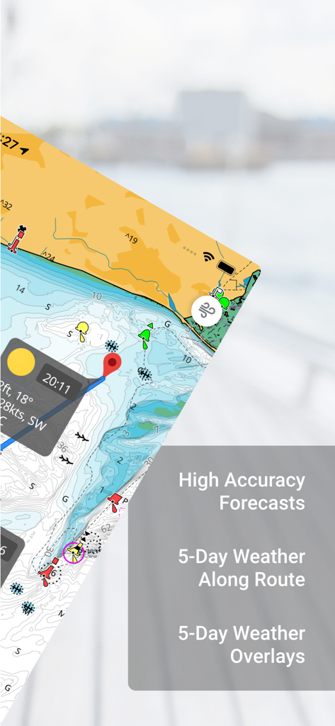 C-MAP: Boating - C-MAP Boating app interface showing 5-day marine weather forecasts and navigation charts