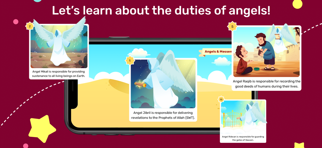 Kabi Islamic Education - Pantalla educativa de la aplicación Kabi que enseña a los niños sobre los deberes de los ángeles en el Islam con ilustraciones coloridas.