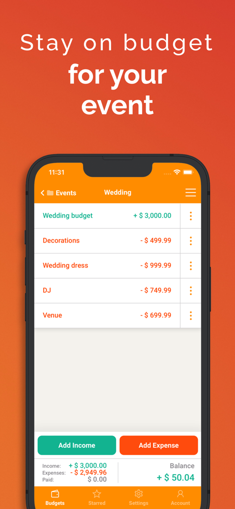 Fudget: Monthly Budget Planner - A screenshot of the Fudget app showing a wedding budget with income and expense entries.