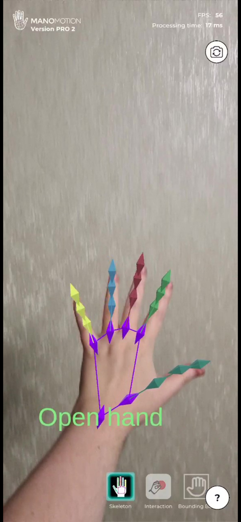 ManoMotion Tech Pro - ManoMotion Tech Pro app interface demonstrating real-time 21-joint skeletal hand tracking and open hand gesture recognition