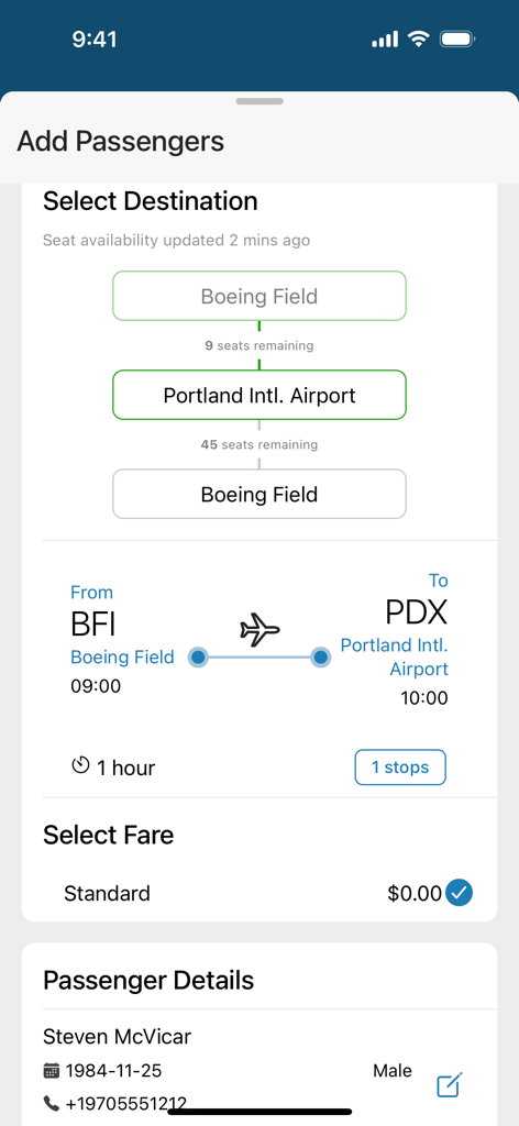 Takeflite Go mobile app screen showing passenger details and flight destination selection for regional airline operations.