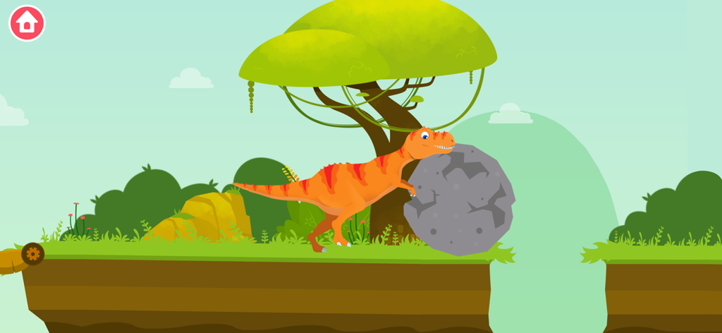 活気ある森のレベルで、大きな灰色の岩を押すオレンジ色の漫画風恐竜。
