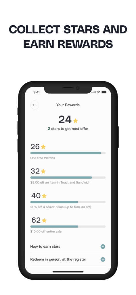 Ethereal Cafe - Ethereal Cafe app screen showing a star-based loyalty rewards system with tiers for free food and discounts