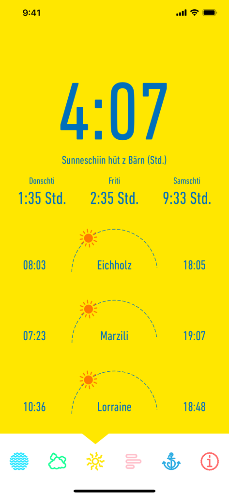Screenshot der Aare Guru App, der die täglichen Sonnenstunden und die Sonnenbahn für die Schwimmorte Eichholz, Marzili und Lorraine anzeigt