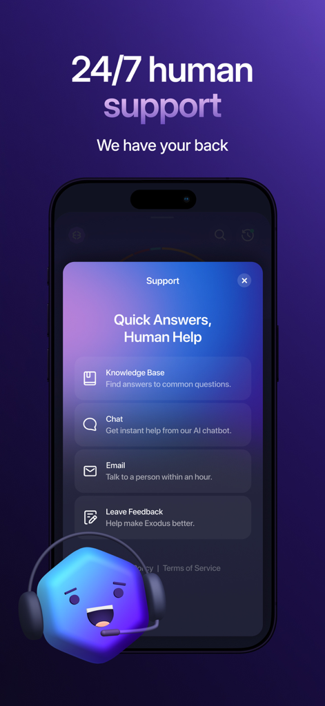 Exodus: Crypto Bitcoin Wallet - Exodus mobile app interface displaying 24/7 human support options including chat and email.