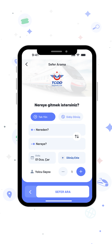 E-Biletアプリのモバイルインターフェース。トルコの高速列車用の旅程検索画面が表示されています。