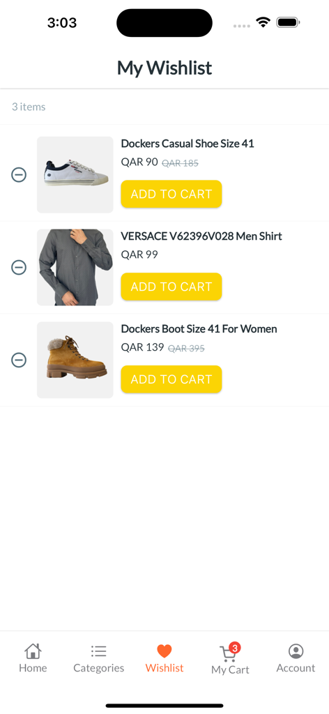 Brands Outlet - Shopping App - Brands Outlet app wishlist page showing items like shoes and shirts with prices and add to cart buttons