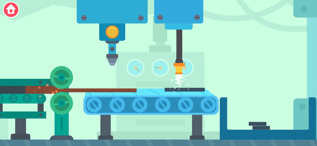 Un tapis roulant de usine de recyclage de dessin animé avec des bras mécaniques traitant des matériaux dans le jeu Dinosaur Garbage Truck.