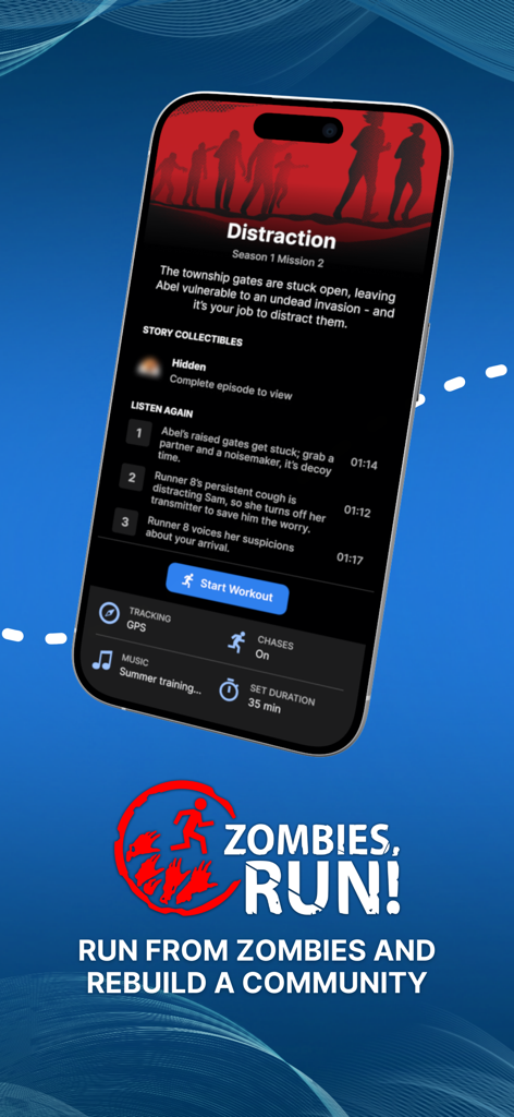 Schermata della missione dell'app ZRX Zombies Run con dettagli narrativi e pulsante di avvio allenamento