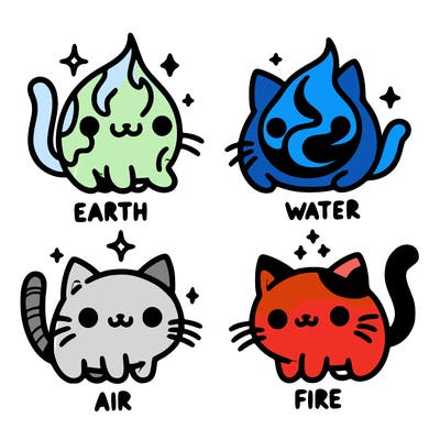 4 cats that represent the different elements, earth, water, air, and fire
