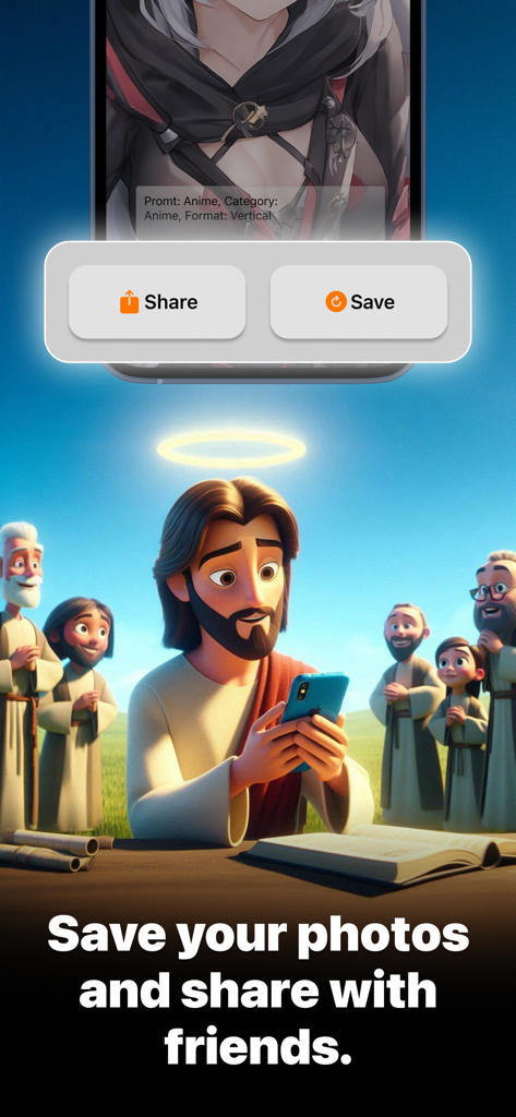 AI Art Image Generator LUX - Interface of AI Art Image Generator LUX showing options to save and share high-quality AI generated illustrations