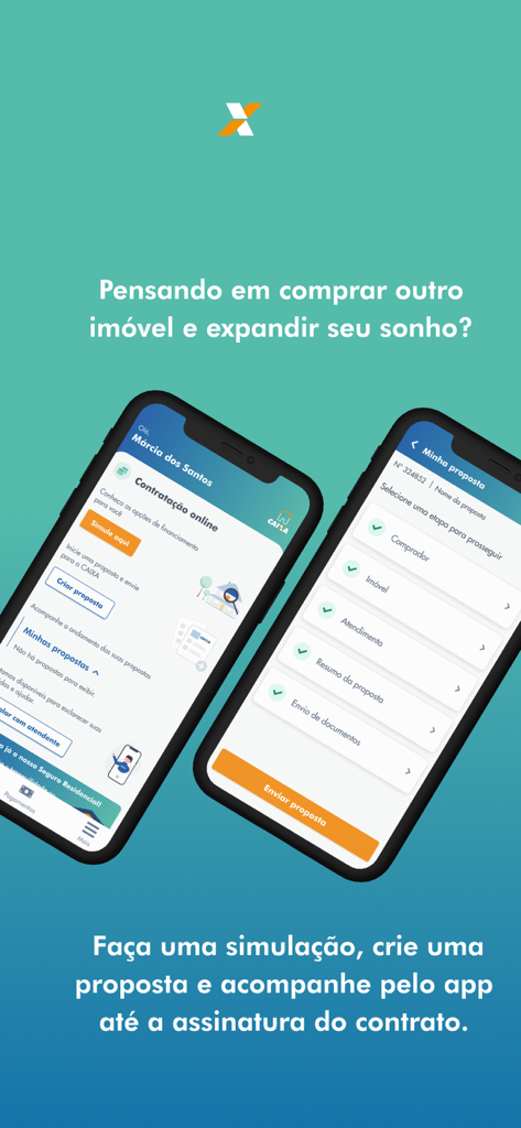 Two smartphones displaying the Habitação Caixa app interface for online mortgage simulation and property proposal tracking