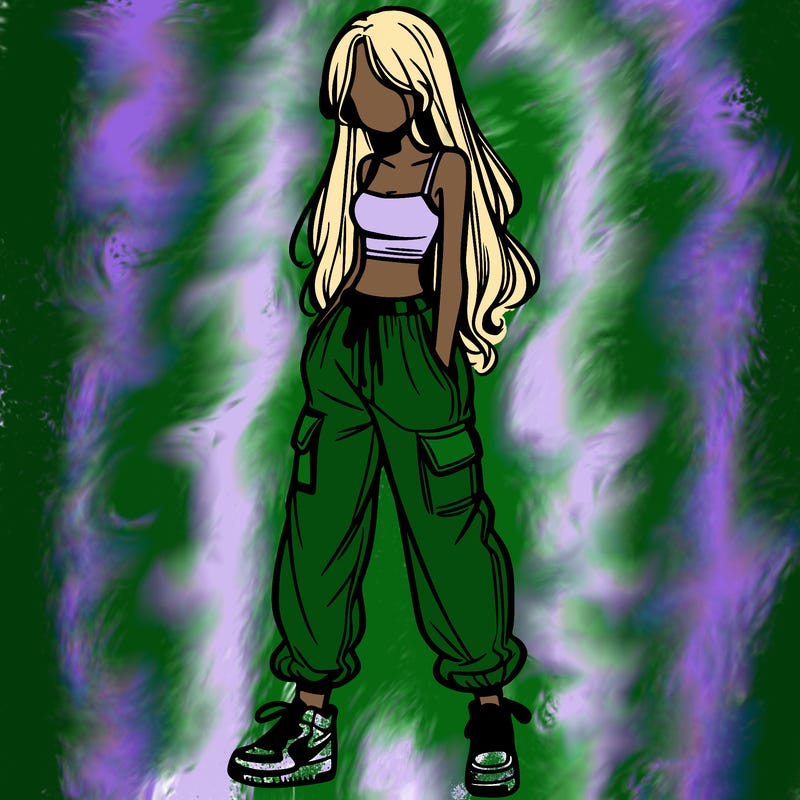 girl in baggy pants crop top and long hair