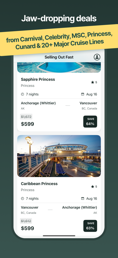 CruiseSlash - Mobile screen showing discounted cruise itineraries with up to 64 percent savings from major cruise lines