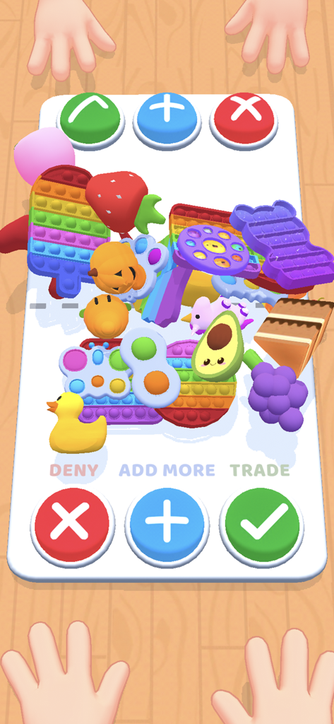 A 3D mobile game screen showing a pile of colorful fidget toys on a trading board with buttons to deny add more or trade