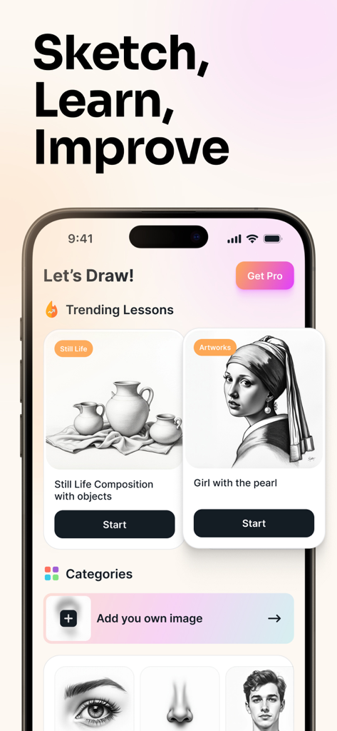 AR Drawing: Trace & Sketch Art - AR Drawing app interface showing trending sketching lessons and artwork templates like the Girl with a Pearl Earring.