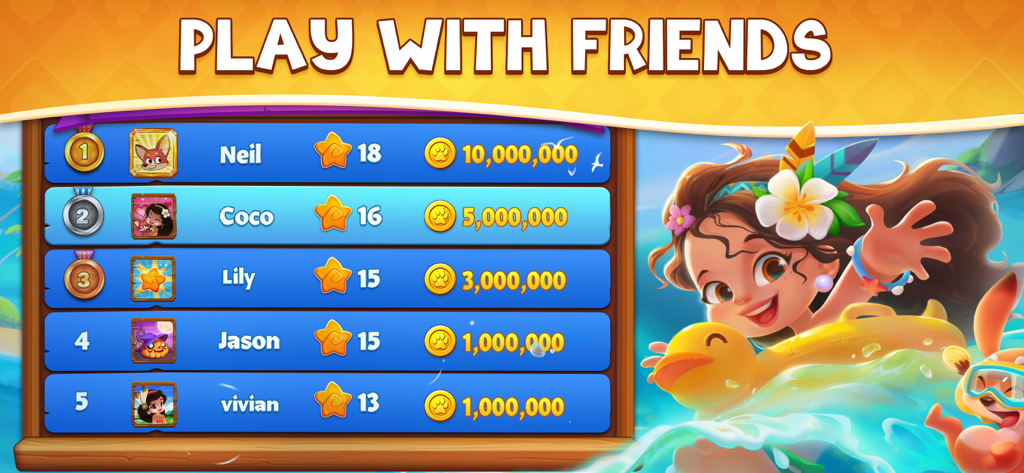 Tri Peaks Solitaire 2026 - Leaderboard screen in Tri Peaks Solitaire 2026 showing friend rankings and rewards