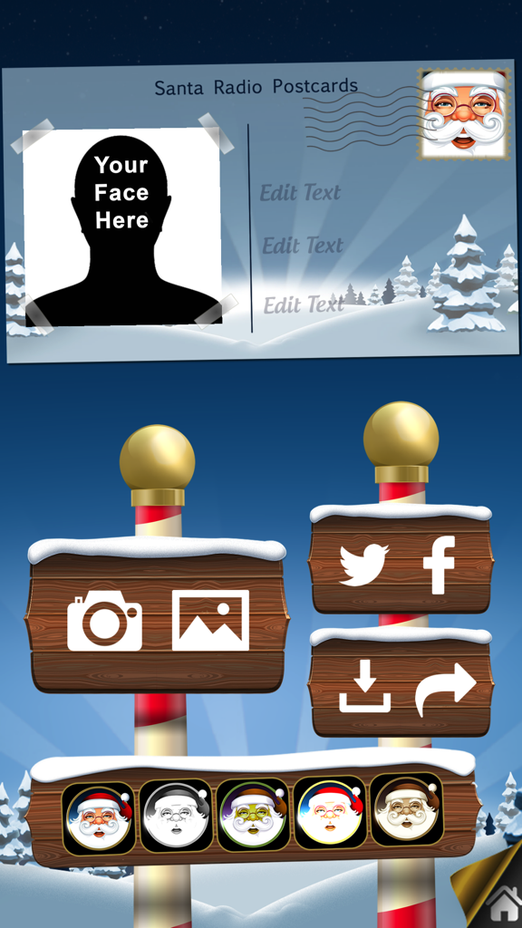 Interface for creating personalized Santa Radio postcards with photo upload and text editing features.
