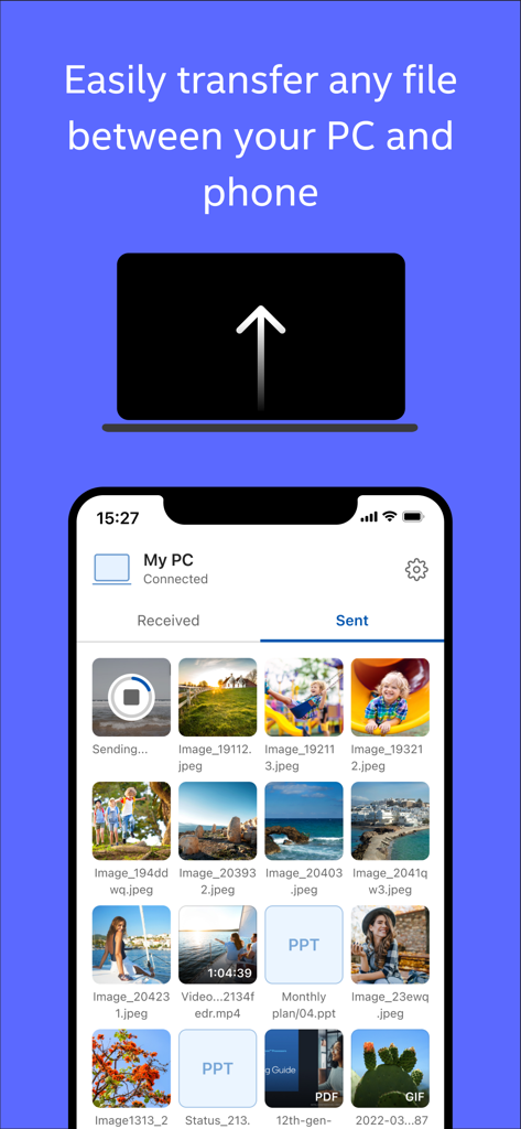 Intel® Unison™ - Interfaz de la aplicación móvil Intel Unison mostrando archivos enviados y recibidos entre un smartphone y un PC