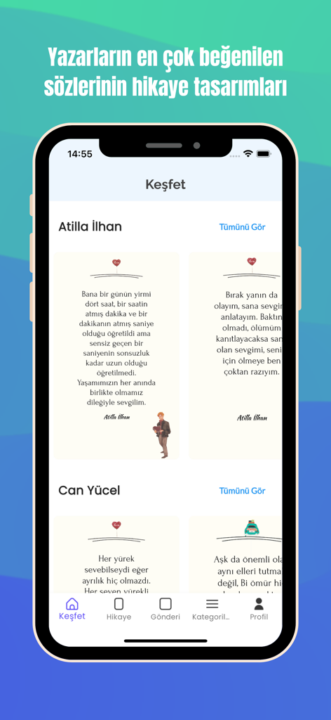 Aşk ve Sevgi Sözleri - Pantalla de descubrimiento de la aplicación Ask ve Sevgi Sozleri mostrando citas de amor románticas turcas y diseños de historias.